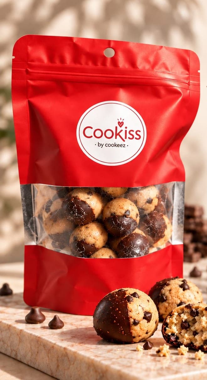 Bolsa roja de Cookiss by Cookeez con bombones de galleta bañados en chocolate.